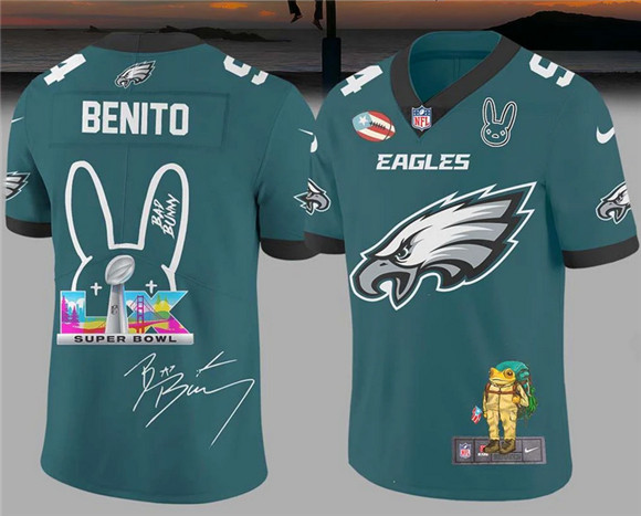 Men's Philadelphia Eagles Green Bad Bunny Super Bowl Football Jersey Men's Philadelphia Eagles Green Bad Bunny Super Bowl Football Jersey