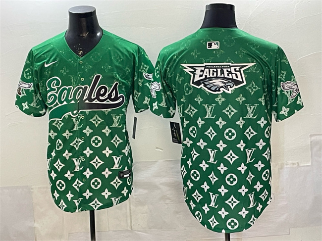 Men's Philadelphia Eagles Team Big Logo Green With Patch Limited Stitched Baseball Jersey 1