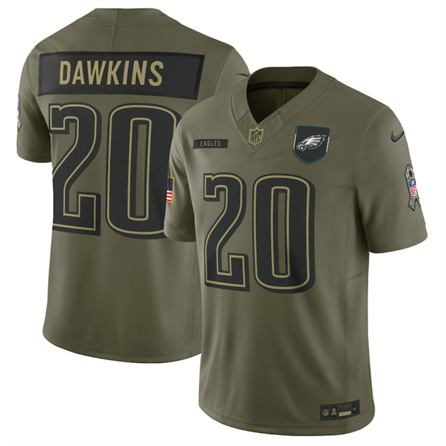Men's Philadelphia Eagles #20 Brian Dawkins Olive 2025 Salute to Service Limited Stitched Football Jersey Men's Philadelphia Eagles #20 Brian Dawkins Olive 2025 Salute to Service Limited Stitched Football Jersey
