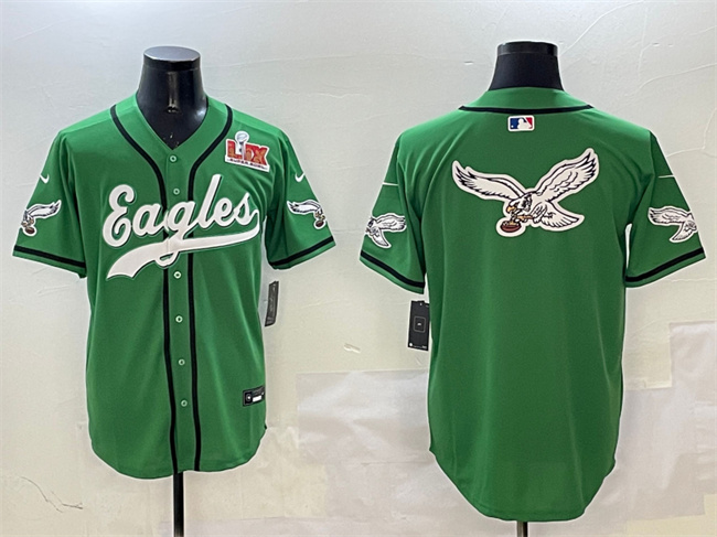 Men's Philadelphia Eagles Team Big Logo Green 2025 Super Bowl LIX Patch Stitched Baseball Jersey 1 Men's Philadelphia Eagles Team Big Logo Green 2025 Super Bowl LIX Patch Stitched Baseball Jersey 1