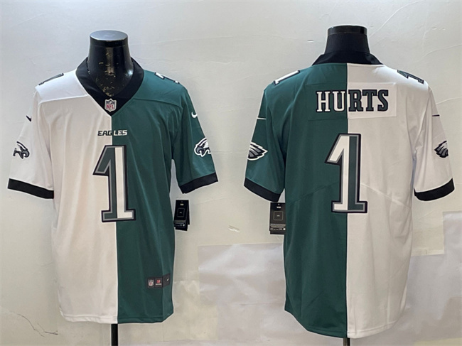 Men's Philadelphia Eagles #1 Jalen Hurts White & Green Split Vapor Untouchable Limited Stitched Football Jersey Men's Philadelphia Eagles #1 Jalen Hurts White & Green Split Vapor Untouchable Limited Stitched Football Jersey