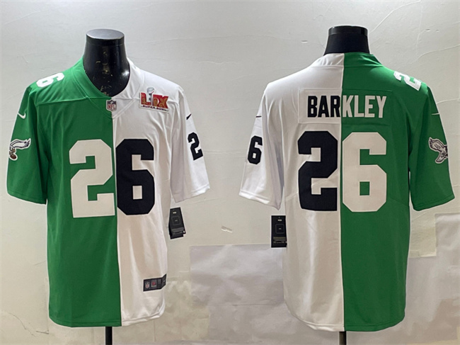 Men's Philadelphia Eagles #26 Saquon Barkley Green White Split 2025 Super Bowl LIX Patch Vapor Untouchable Limited Stitched Football Jersey Men's Philadelphia Eagles #26 Saquon Barkley Green White Split 2025 Super Bowl LIX Patch Vapor Untouchable Limited Stitched Football Jersey