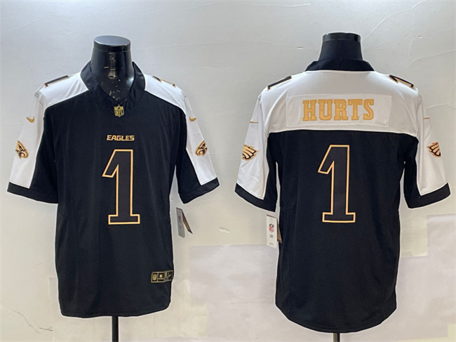 Men's Philadelphia Eagles #1 Jalen Hurts Black Gold New F.U.S.E. Vapor Untouchable Limited Stitched Football Jersey Men's Philadelphia Eagles #1 Jalen Hurts Black Gold New F.U.S.E. Vapor Untouchable Limited Stitched Football Jersey