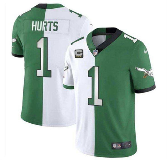 Men's Philadelphia Eagles #1 Jalen Hurts Green White Split 2025 With 3-Star C Patch Vapor Limited Stitched Football Jersey Men's Philadelphia Eagles #1 Jalen Hurts Green White Split 2025 With 3-Star C Patch Vapor Limited Stitched Football Jersey