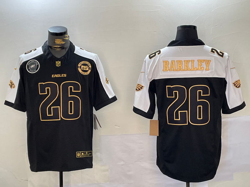 Men's Philadelphia Eagles #26 Saquon Barkley Black Gold 2024 New F.U.S.E. With 3-Star C Patch Stitched Football Jersey 1 Men's Philadelphia Eagles #26 Saquon Barkley Black Gold 2024 New F.U.S.E. With 3-Star C Patch Stitched Football Jersey 1