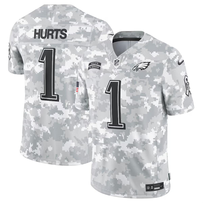 Men's Philadelphia Eagles #1 Jalen Hurts 2024 Arctic Camo Salute To Service Limited Stitched Football Jersey Men's Philadelphia Eagles #1 Jalen Hurts 2024 Arctic Camo Salute To Service Limited Stitched Football Jersey