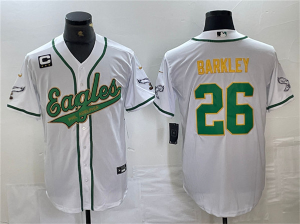 Men's Philadelphia Eagles #26 Saquon Barkley White Gold With 3-star C Patch Cool Base Baseball Stitched Jersey Men's Philadelphia Eagles #26 Saquon Barkley White Gold With 3-star C Patch Cool Base Baseball Stitched Jersey