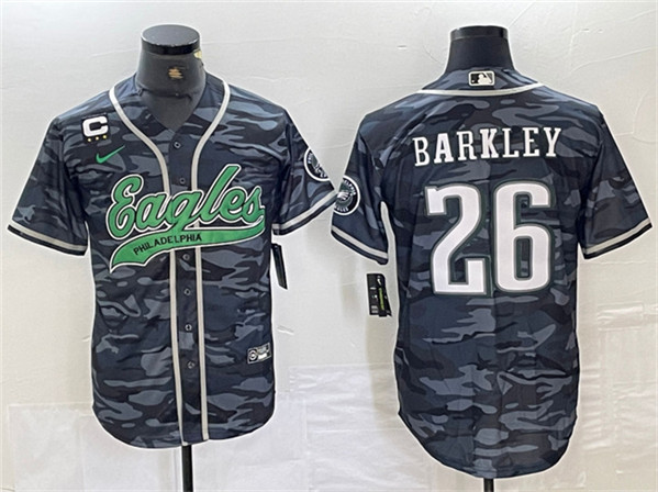 Men's Philadelphia Eagles #26 Saquon Barkley Gray Camo With 3-star C Patch Cool Base Baseball Stitched Jersey Men's Philadelphia Eagles #26 Saquon Barkley Gray Camo With 3-star C Patch Cool Base Baseball Stitched Jersey