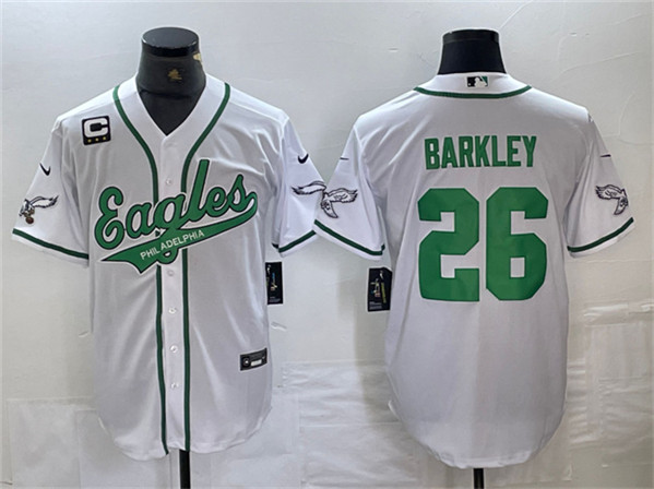 Men's Philadelphia Eagles #26 Saquon Barkley White With 3-star C Patch Cool Base Baseball Stitched Jerseys Men's Philadelphia Eagles #26 Saquon Barkley White With 3-star C Patch Cool Base Baseball Stitched Jerseys