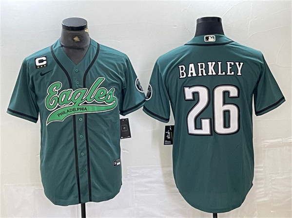 Men's Philadelphia Eagles #26 Saquon Barkley Green With 3-star C Patch Cool Base Baseball Stitched Jerseys Men's Philadelphia Eagles #26 Saquon Barkley Green With 3-star C Patch Cool Base Baseball Stitched Jerseys