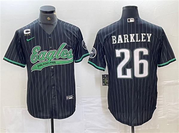 Men's Philadelphia Eagles #26 Saquon Barkley Black With 3-star C Patch Cool Base Baseball Stitched Jerseys Men's Philadelphia Eagles #26 Saquon Barkley Black With 3-star C Patch Cool Base Baseball Stitched Jerseys