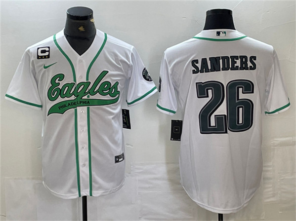 Men's Philadelphia Eagles #26 Saquon Barkley White With 3-star C Patch Cool Base Baseball Stitched Jersey Men's Philadelphia Eagles #26 Saquon Barkley White With 3-star C Patch Cool Base Baseball Stitched Jersey