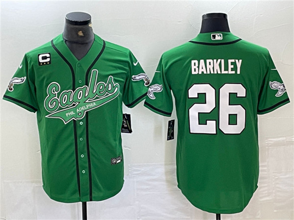Men's Philadelphia Eagles #26 Saquon Barkley Green With 3-star C Patch Cool Base Baseball Stitched Jersey Men's Philadelphia Eagles #26 Saquon Barkley Green With 3-star C Patch Cool Base Baseball Stitched Jersey