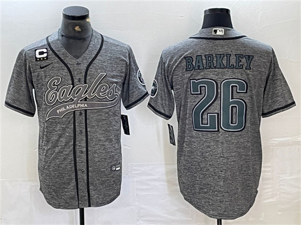 Men's Philadelphia Eagles #26 Saquon Barkley Gray With 3-star C Patch Cool Base Baseball Stitched Jersey Men's Philadelphia Eagles #26 Saquon Barkley Gray With 3-star C Patch Cool Base Baseball Stitched Jersey