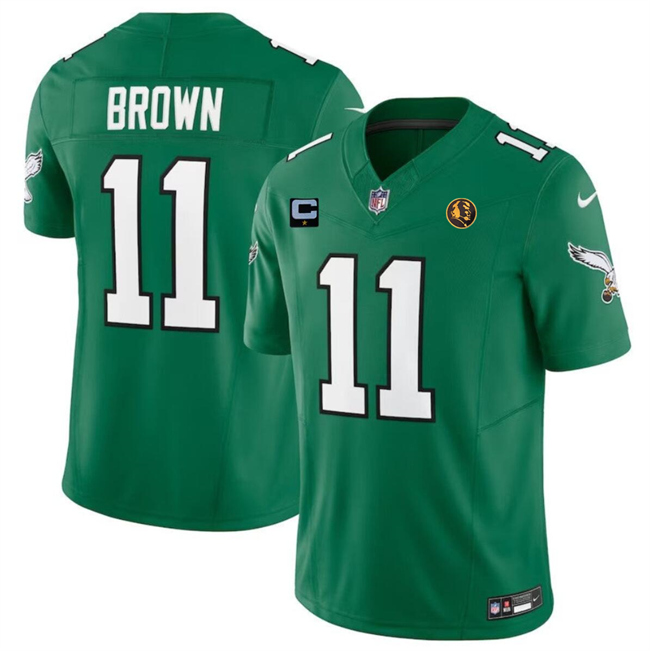 Men's Philadelphia Eagles #11 A. J. Brown Green 2023 F.U.S.E. Throwback With 1-Star C Patch And John Madden Patch Vapor Limited Stitched Football Jersey Men's Philadelphia Eagles #11 A. J. Brown Green 2023 F.U.S.E. Throwback With 1-Star C Patch And John Madden Patch Vapor Limited Stitched Football Jersey