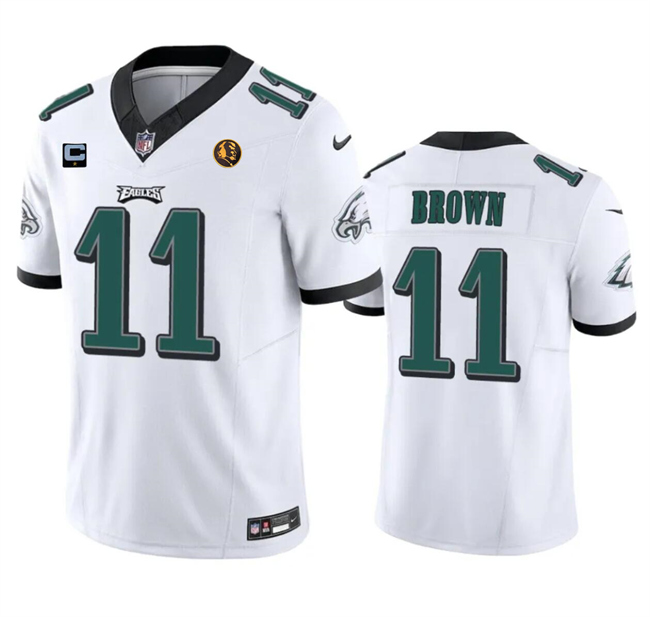 Men's Philadelphia Eagles #11 A. J. Brown White 2023 F.U.S.E. With 1-Star C Patch And John Madden Patch Vapor Limited Stitched Football Jersey Men's Philadelphia Eagles #11 A. J. Brown White 2023 F.U.S.E. With 1-Star C Patch And John Madden Patch Vapor Limited Stitched Football Jersey