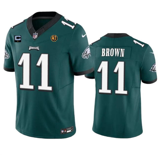 Men's Philadelphia Eagles #11 A. J. Brown Green 2023 F.U.S.E. With 1-Star C Patch And John Madden Patch Vapor Limited Stitched Football Jersey Men's Philadelphia Eagles #11 A. J. Brown Green 2023 F.U.S.E. With 1-Star C Patch And John Madden Patch Vapor Limited Stitched Football Jersey