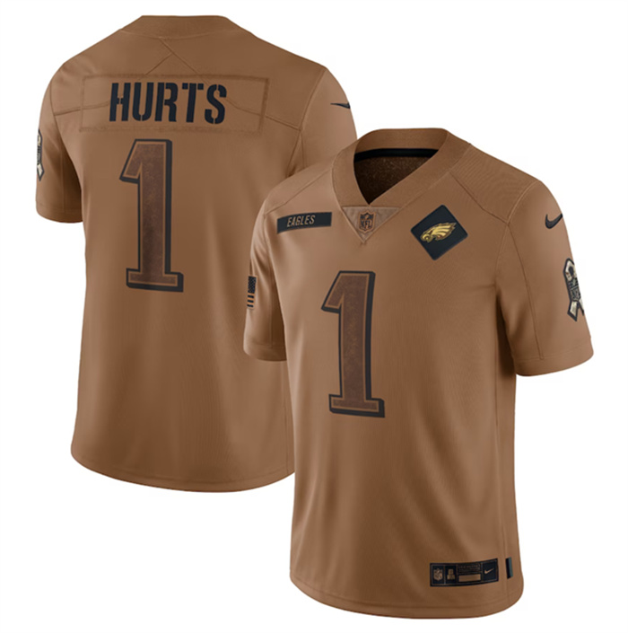 Men's Philadelphia Eagles #1 Jalen Hurts 2023 Brown Salute To Service Limited Stitched Football Jersey Men's Philadelphia Eagles #1 Jalen Hurts 2023 Brown Salute To Service Limited Stitched Football Jersey