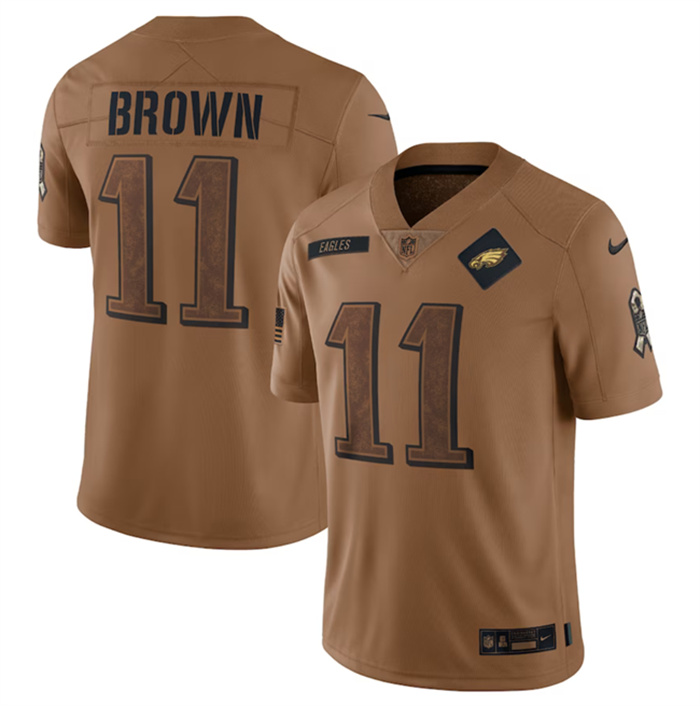 Men's Philadelphia Eagles #11 A. J. Brown 2023 Brown Salute To Service Limited Stitched Football Jersey Men's Philadelphia Eagles #11 A. J. Brown 2023 Brown Salute To Service Limited Stitched Football Jersey