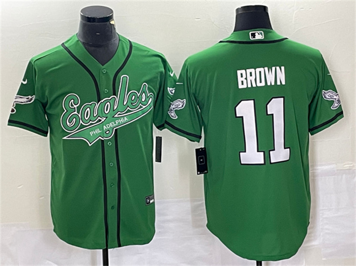 Men's Philadelphia Eagles #11 A. J. Brown Green Cool Base Stitched Baseball Jersey Men's Philadelphia Eagles #11 A. J. Brown Green Cool Base Stitched Baseball Jersey