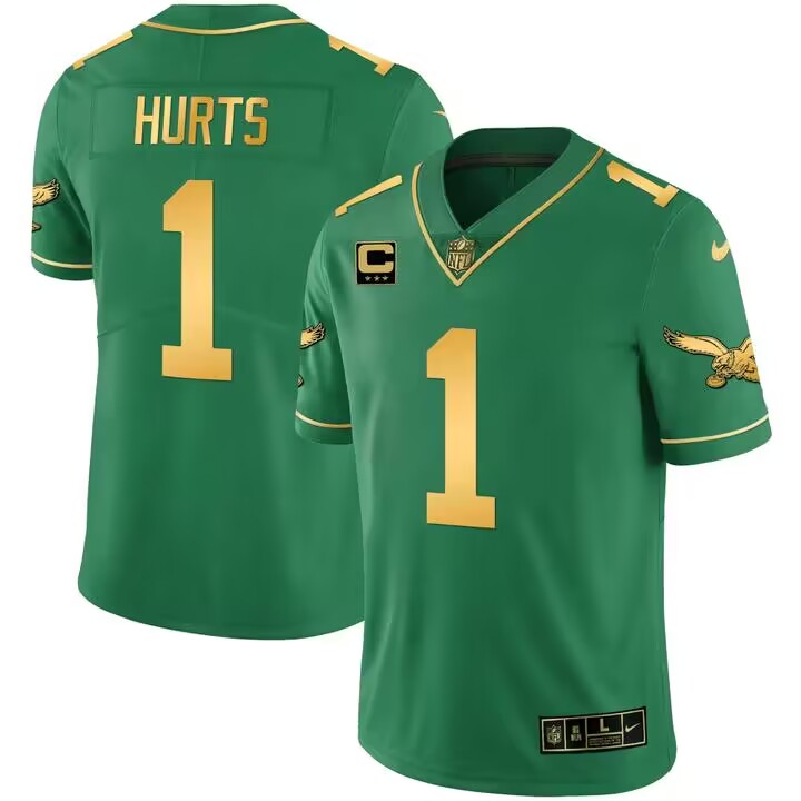 Men's Philadelphia Eagles #1 Jalen Hurts Green Gold Vapor Limited Stitched Football Jersey Men's Philadelphia Eagles #1 Jalen Hurts Green Gold Vapor Limited Stitched Football Jersey