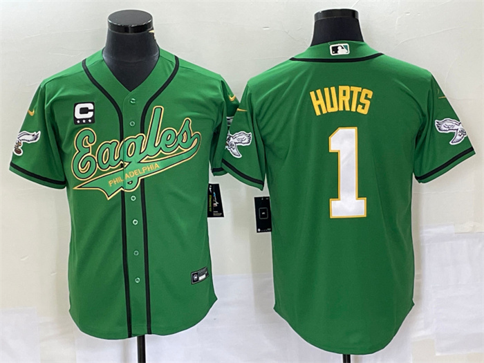 Men's Philadelphia Eagles #1 Jalen Hurts Green With C Patch Cool Base Stitched Baseball Jersey Men's Philadelphia Eagles #1 Jalen Hurts Green With C Patch Cool Base Stitched Baseball Jersey