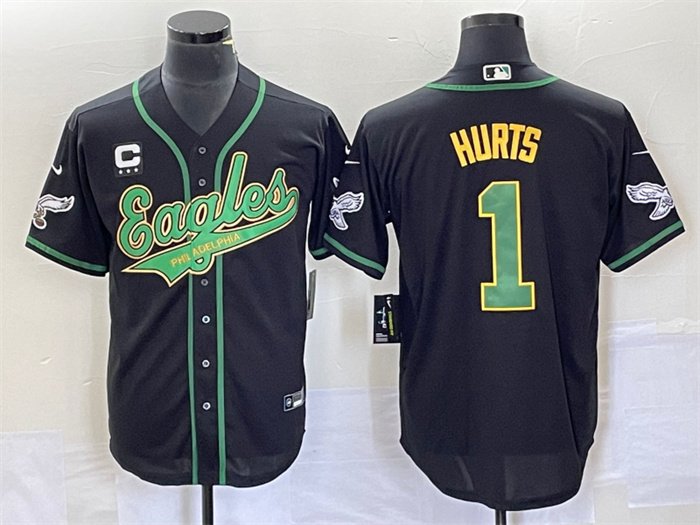 Men's Philadelphia Eagles #1 Jalen Hurts Black With C Patch Cool Base Stitched Baseball Jersey Men's Philadelphia Eagles #1 Jalen Hurts Black With C Patch Cool Base Stitched Baseball Jersey