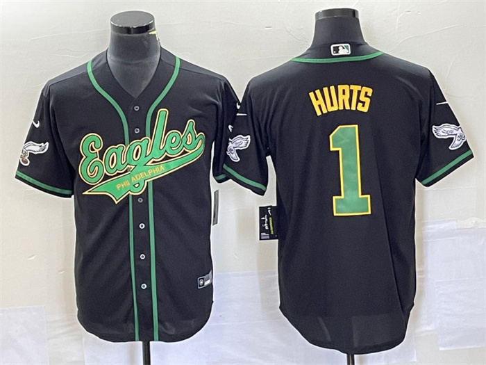 Men's Philadelphia Eagles #1 Jalen Hurts Black Cool Base Stitched Baseball Jersey Men's Philadelphia Eagles #1 Jalen Hurts Black Cool Base Stitched Baseball Jersey