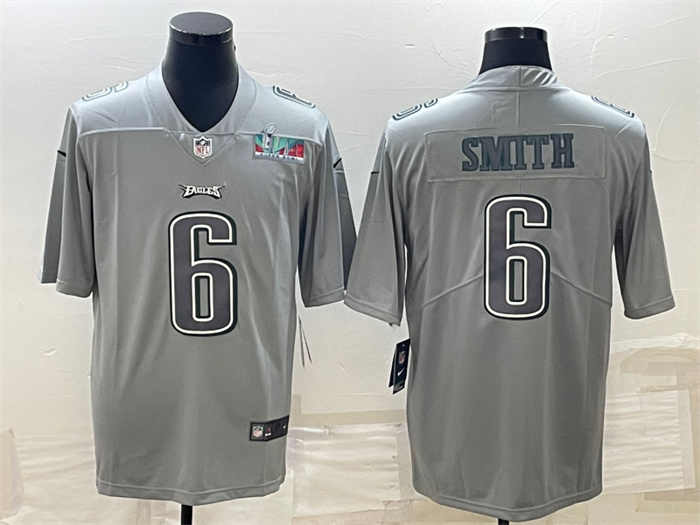 Men's Philadelphia Eagles #6 DeVonta Smith Gray Super Bowl LVII Patch Atmosphere Fashion Stitched Jersey Men's Philadelphia Eagles #6 DeVonta Smith Gray Super Bowl LVII Patch Atmosphere Fashion Stitched Jersey