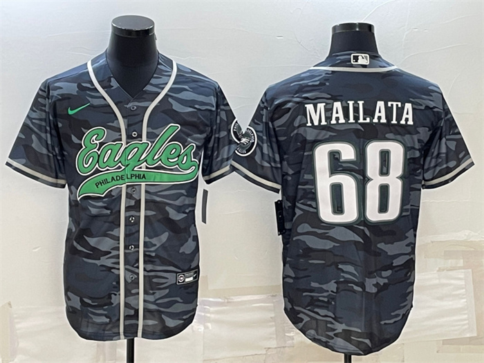Men's Philadelphia Eagles #68 Jordan Mailata Grey Camo With Patch Cool Base Stitched Baseball Jersey Men's Philadelphia Eagles #68 Jordan Mailata Grey Camo With Patch Cool Base Stitched Baseball Jersey