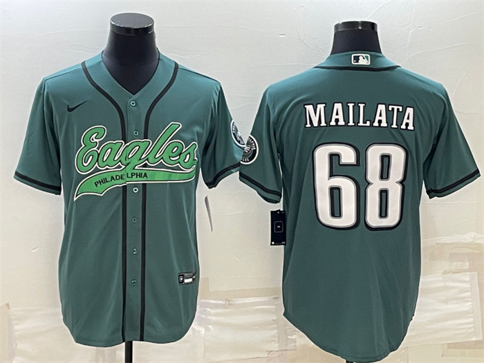 Men's Philadelphia Eagles #68 Jordan Mailata Green With Patch Cool Base Stitched Baseball Jersey Men's Philadelphia Eagles #68 Jordan Mailata Green With Patch Cool Base Stitched Baseball Jersey