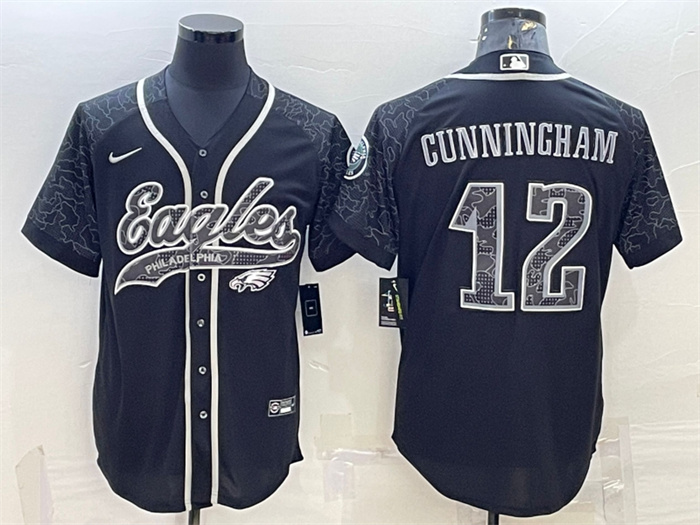 Men's Philadelphia Eagles #12 Randall Cunningham Black Reflective With Patch Cool Base Stitched Baseball Jersey Men's Philadelphia Eagles #12 Randall Cunningham Black Reflective With Patch Cool Base Stitched Baseball Jersey