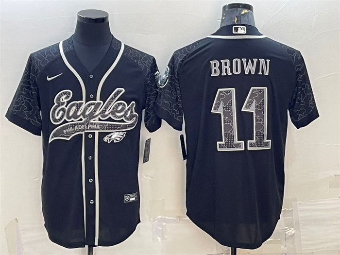 Men's Philadelphia Eagles #11 A. J. Brown Black Reflective With Patch Cool Base Stitched Baseball Jersey Men's Philadelphia Eagles #11 A. J. Brown Black Reflective With Patch Cool Base Stitched Baseball Jersey