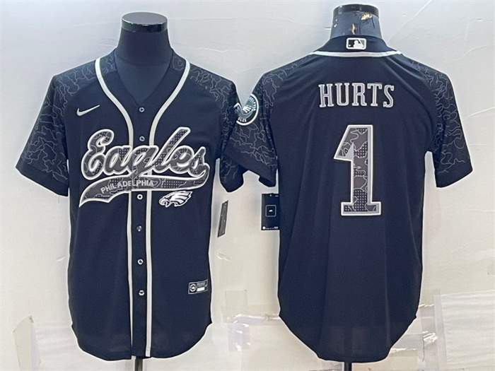 Men's Philadelphia Eagles #1 Jalen Hurts Black Reflective With Patch Cool Base Stitched Baseball Jersey Men's Philadelphia Eagles #1 Jalen Hurts Black Reflective With Patch Cool Base Stitched Baseball Jersey