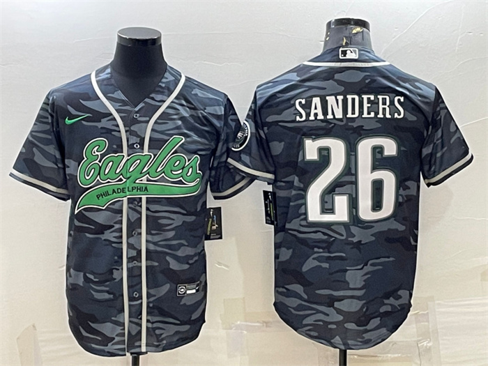 Men's Philadelphia Eagles #26 Miles Sanders Grey Camo With Patch Cool Base Stitched Baseball Jersey Men's Philadelphia Eagles #26 Miles Sanders Grey Camo With Patch Cool Base Stitched Baseball Jersey