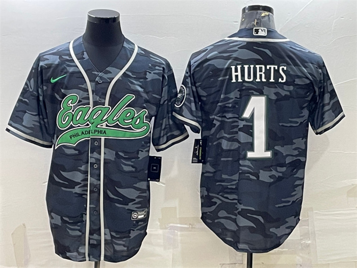 Men's Philadelphia Eagles #1 Jalen Hurts Grey Camo With Patch Cool Base Stitched Baseball Jersey Men's Philadelphia Eagles #1 Jalen Hurts Grey Camo With Patch Cool Base Stitched Baseball Jersey