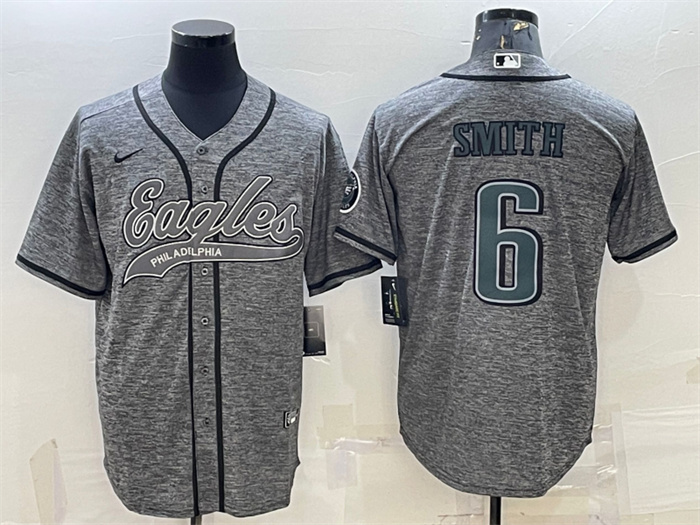 Men's Philadelphia Eagles #6 DeVonta Smith Gray With Patch Cool Base Stitched Baseball JerseyS Men's Philadelphia Eagles #6 DeVonta Smith Gray With Patch Cool Base Stitched Baseball JerseyS