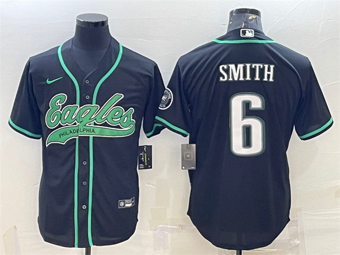 Men's Philadelphia Eagles #6 DeVonta Smith Black With Patch Cool Base Stitched Baseball Jersey Men's Philadelphia Eagles #6 DeVonta Smith Black With Patch Cool Base Stitched Baseball Jersey