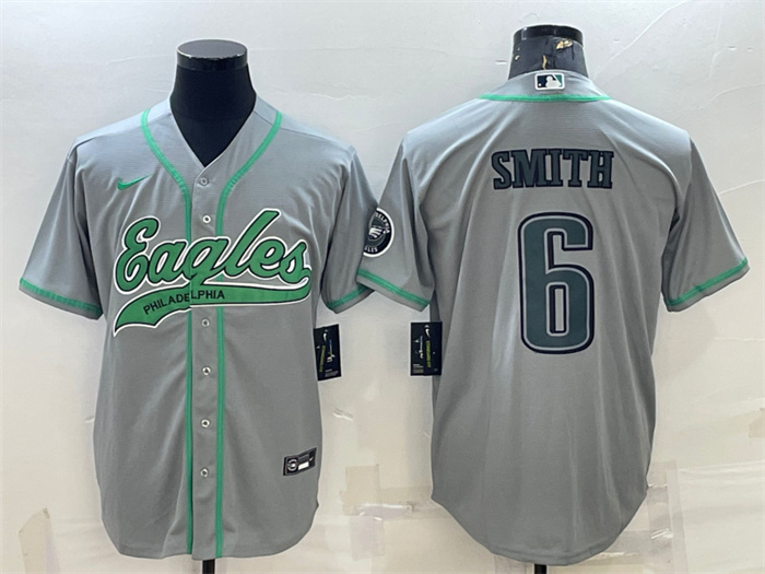 Men's Philadelphia Eagles #6 DeVonta Smith Gray With Patch Cool Base Stitched Baseball Jersey Men's Philadelphia Eagles #6 DeVonta Smith Gray With Patch Cool Base Stitched Baseball Jersey