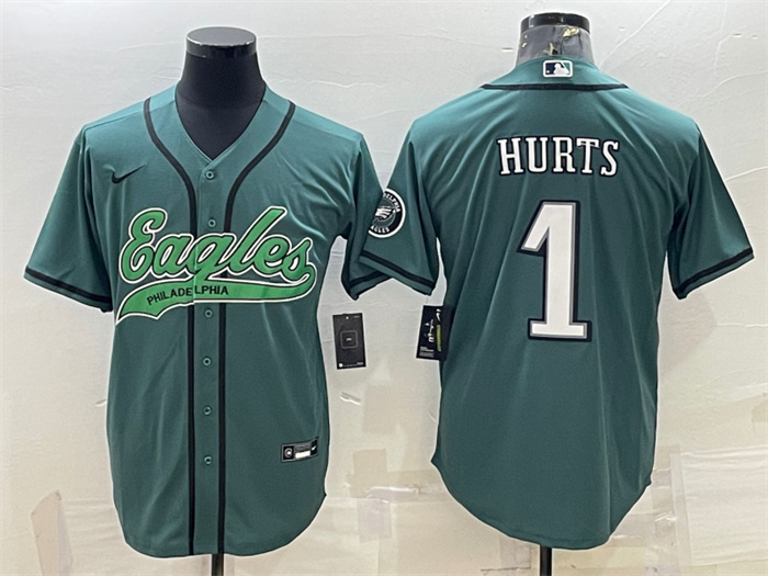 Men's Philadelphia Eagles #1 Jalen Hurts Green With Patch Cool Base Stitched Baseball Jersey Men's Philadelphia Eagles #1 Jalen Hurts Green With Patch Cool Base Stitched Baseball Jersey