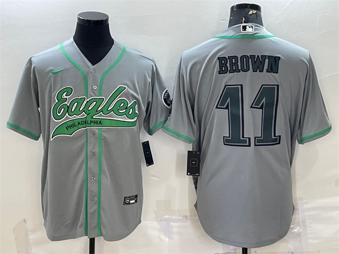 Men's Philadelphia Eagles #11 A. J. Brown Grey With Patch Cool Base Stitched Baseball Jersey Men's Philadelphia Eagles #11 A. J. Brown Grey With Patch Cool Base Stitched Baseball Jersey