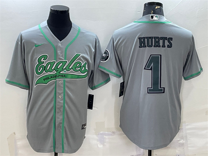 Men's Philadelphia Eagles #1 Jalen Hurts Grey With Patch Cool Base Stitched Baseball Jerseys Men's Philadelphia Eagles #1 Jalen Hurts Grey With Patch Cool Base Stitched Baseball Jerseys