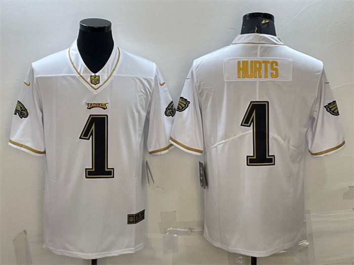 Men's Philadelphia Eagles #1 Jalen Hurts White Gold Limited Stitched Jersey Men's Philadelphia Eagles #1 Jalen Hurts White Gold Limited Stitched Jersey