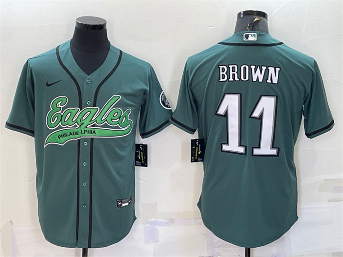 Men's Philadelphia Eagles #11 A. J. Brown Green With Patch Cool Base Stitched Baseball Jersey Men's Philadelphia Eagles #11 A. J. Brown Green With Patch Cool Base Stitched Baseball Jersey
