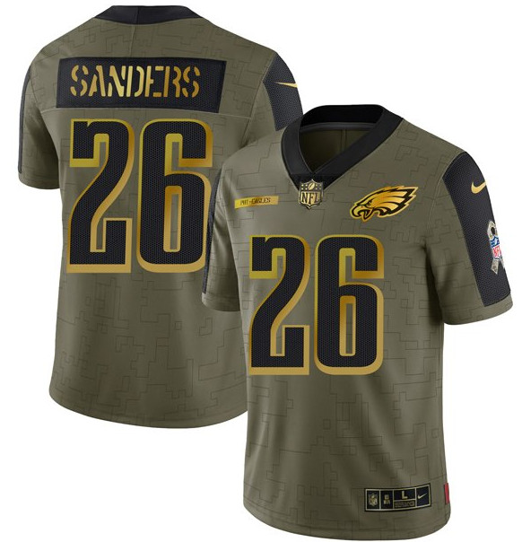 Men's Philadelphia Eagles #26 Miles Sanders 2021 Olive Camo Salute To Service Golden Limited Stitched Jersey Men's Philadelphia Eagles #26 Miles Sanders 2021 Olive Camo Salute To Service Golden Limited Stitched Jersey