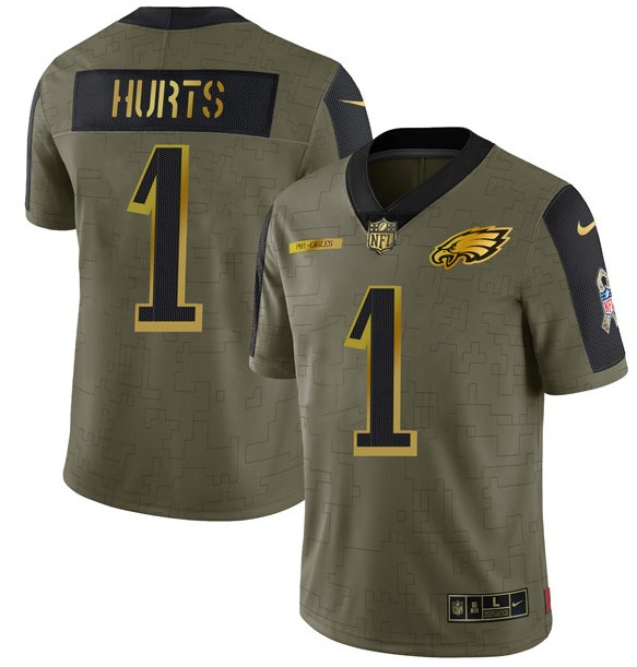 Men's Philadelphia Eagles #1 Jalen Hurts 2021 Olive Camo Salute To Service Golden Limited Stitched Jersey Men's Philadelphia Eagles #1 Jalen Hurts 2021 Olive Camo Salute To Service Golden Limited Stitched Jersey
