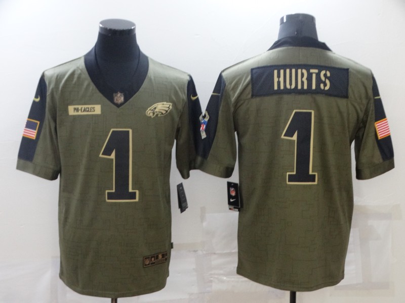 Men's Philadelphia Eagles #1 Jalen Hurts 2021 Olive Salute To Service Limited Stitched Jersey Men's Philadelphia Eagles #1 Jalen Hurts 2021 Olive Salute To Service Limited Stitched Jersey