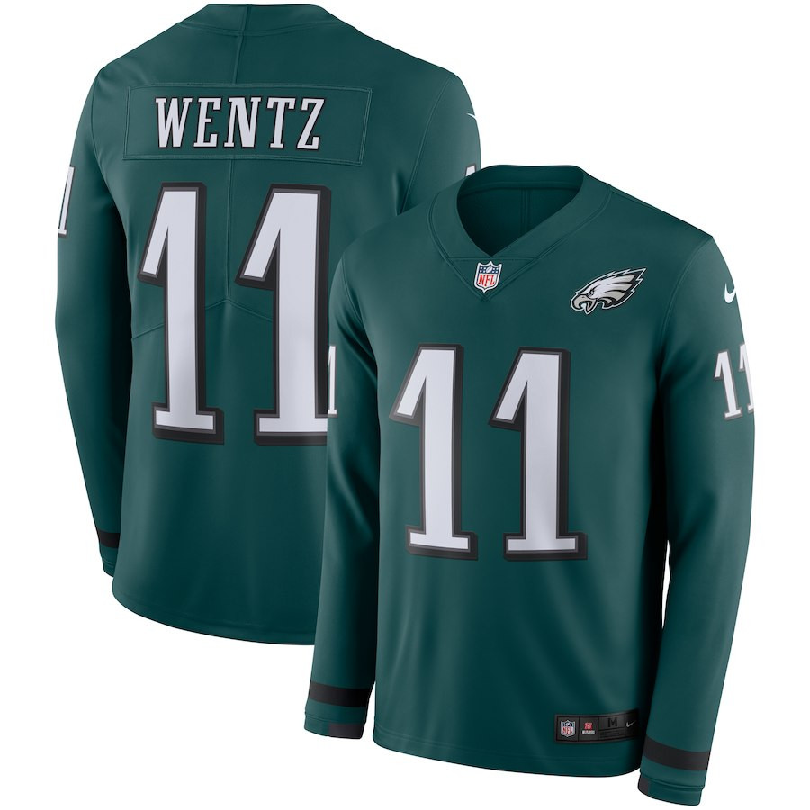 Men's Eagles #11 Carson Wentz Midnight Green Team Color Men's Stitched NFL Limited Therma Long Sleeve Jersey Men's Eagles #11 Carson Wentz Midnight Green Team Color Men's Stitched NFL Limited Therma Long Sleeve Jersey
