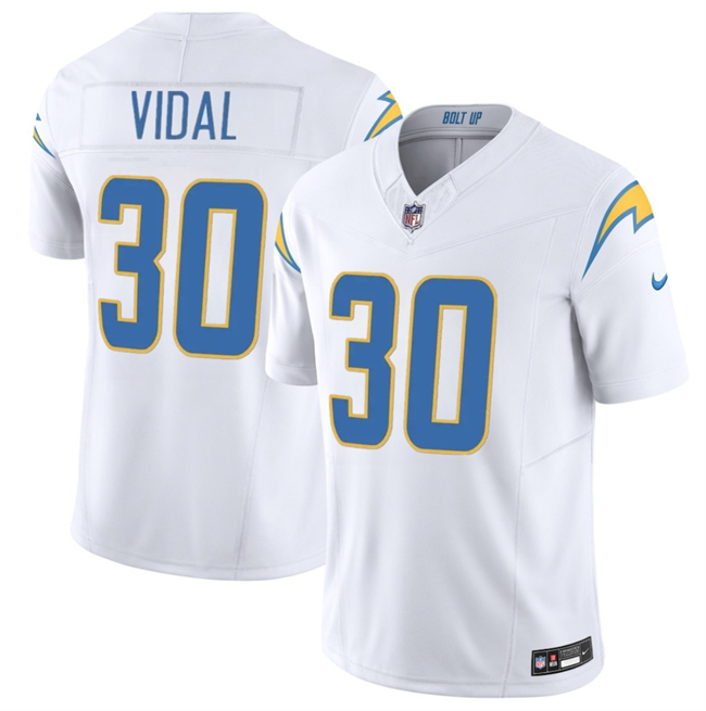 Men's Los Angeles Chargers #30 Kimani Vidal White 2025 F.U.S.E. Vapor Limited Stitched Football Jersey Men's Los Angeles Chargers #30 Kimani Vidal White 2025 F.U.S.E. Vapor Limited Stitched Football Jersey