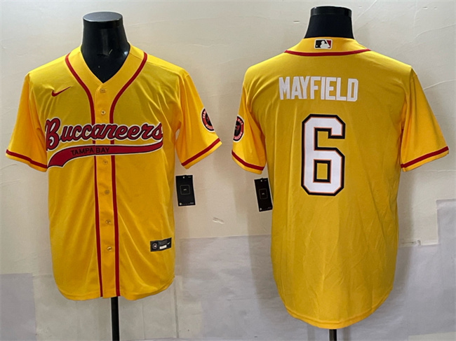 Men's Tampa Bay Buccaneers #6 Baker Mayfield Gold Cool Base Stitched Baseball Jersey Men's Tampa Bay Buccaneers #6 Baker Mayfield Gold Cool Base Stitched Baseball Jersey